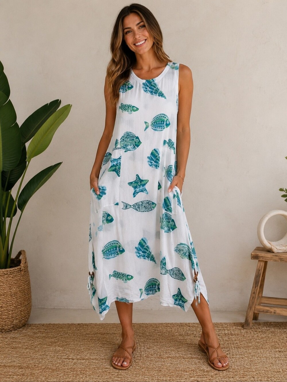 Kaktus Coastal Fish Print Crinkle Rayon Sleeveless Midi Dress Pockets Small